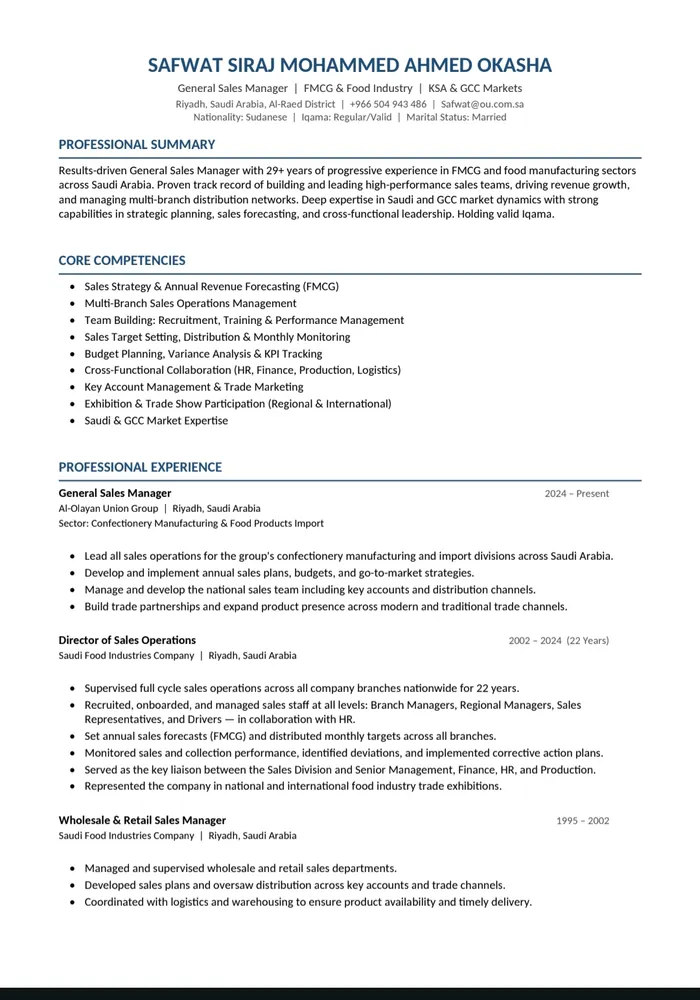CV Sales Manager - Safwat Siraj FMCG KSA