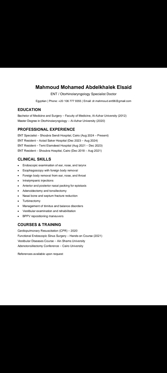 CV احترافي - طبيب أنف وأذن وحنجرة