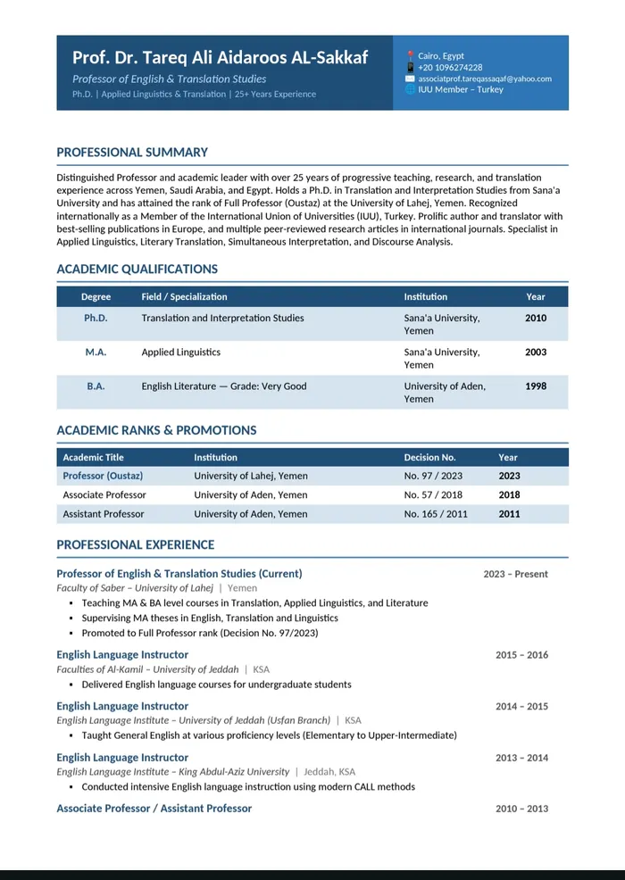 CV Professor Academic - Dr Tareq AL-Sakkaf