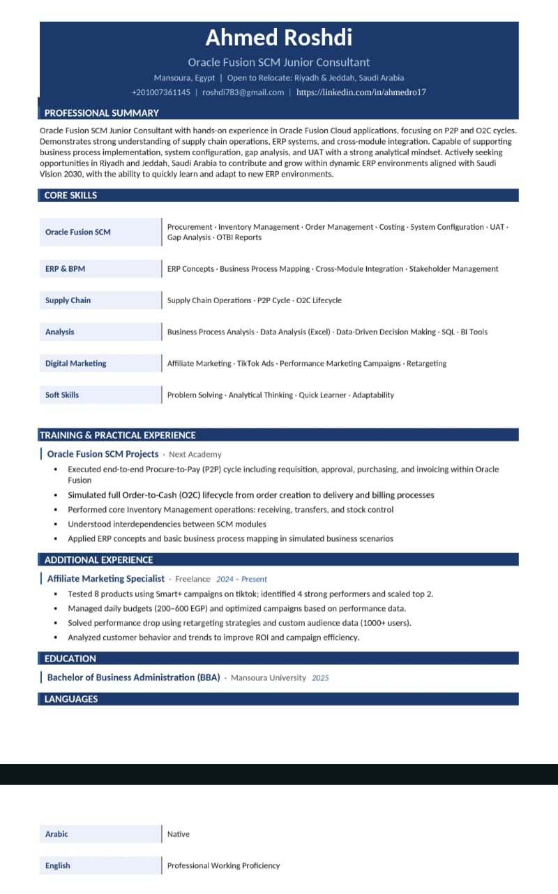 CV احترافي - Oracle Fusion SCM Consultant