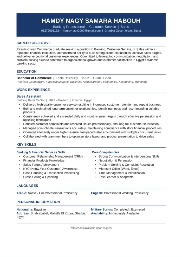 CV Banking Customer Service - Hamdy Nagy Gharbia