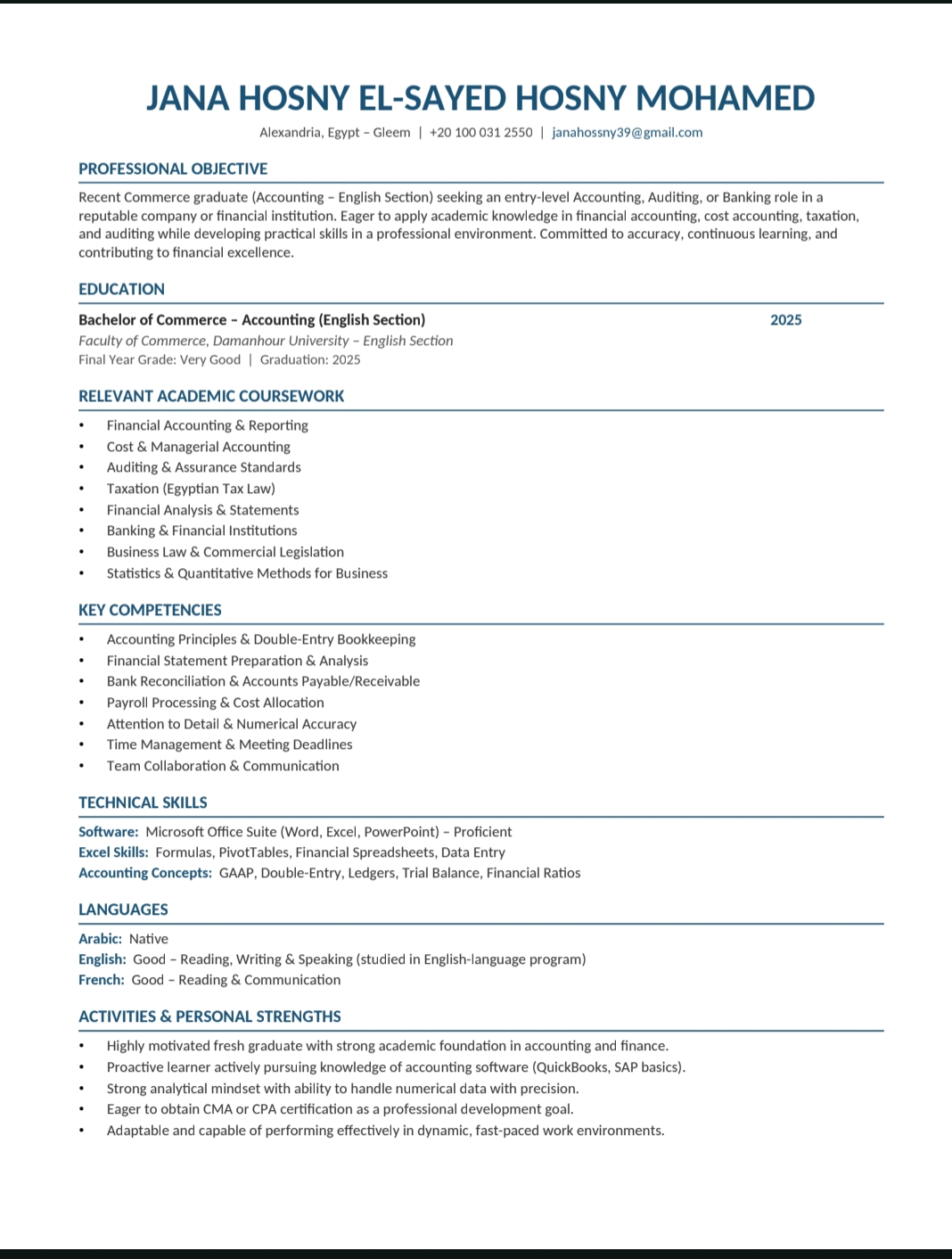 CV Fresh Graduate Accounting - Jana Hosny Alexandria