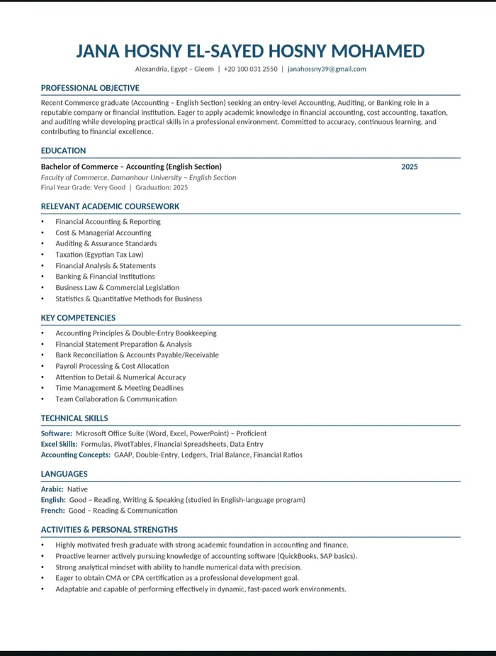 CV Fresh Graduate Accounting - Jana Hosny Alexandria